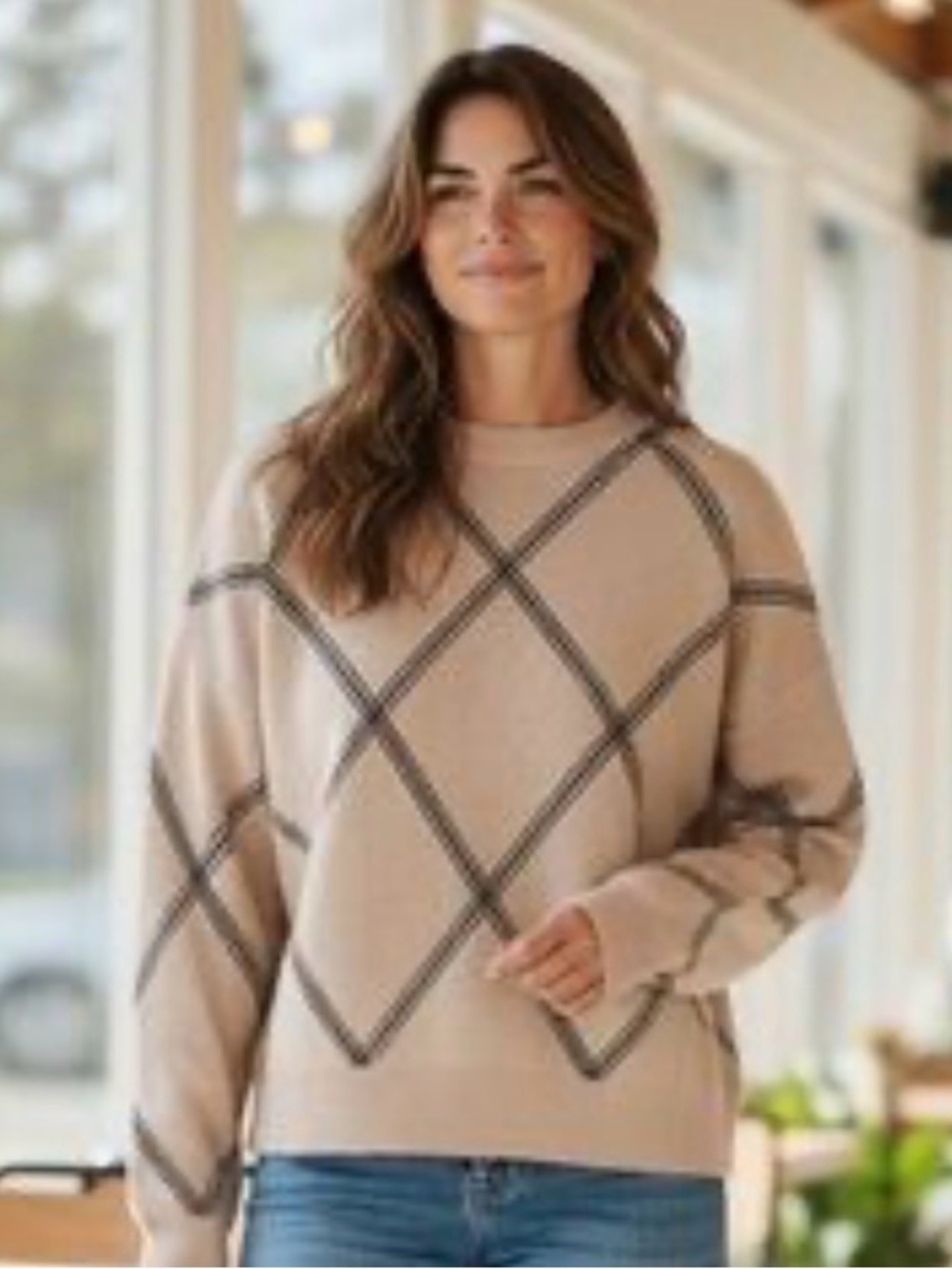 Tahari Cream Beige Windowpane Sweater XS Neutral Knit Pullover
